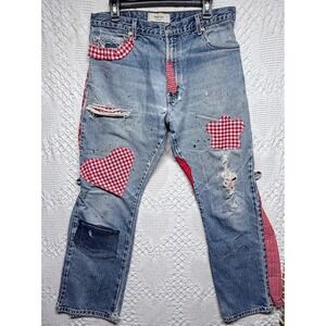 Levis 517 Custom Patchwork Distressed Bootcut Jeans LGT Wash Red Gingham Hearts